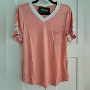 NWT Women's V Neck Tee (Coral Pink & White) - Molerani